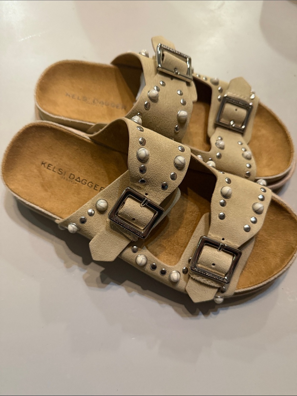 Kelsi Dagger Beige Studded Double-Buckle Slide Sandals